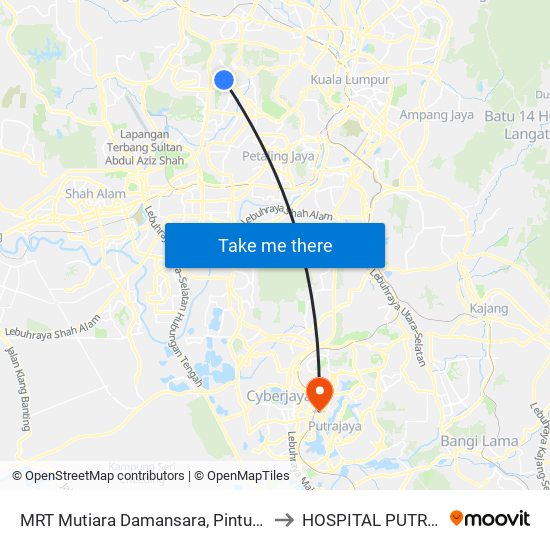 MRT Mutiara Damansara, Pintu C (Pj814) to HOSPITAL PUTRAJAYA map