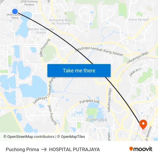 Puchong Prima to HOSPITAL PUTRAJAYA map