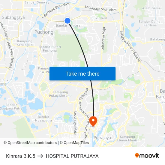 Kinrara B.K.5 to HOSPITAL PUTRAJAYA map