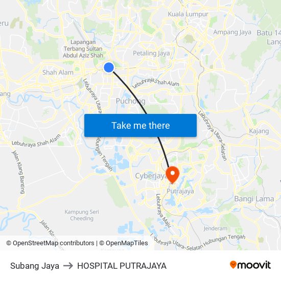 Subang Jaya to HOSPITAL PUTRAJAYA map