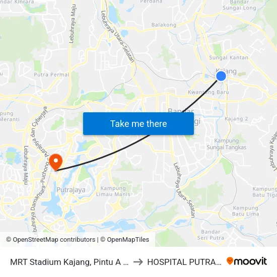 MRT Stadium Kajang, Pintu A (Kj822) to HOSPITAL PUTRAJAYA map