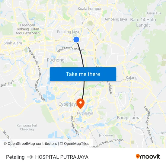 Petaling to HOSPITAL PUTRAJAYA map