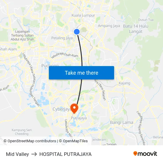 Mid Valley to HOSPITAL PUTRAJAYA map