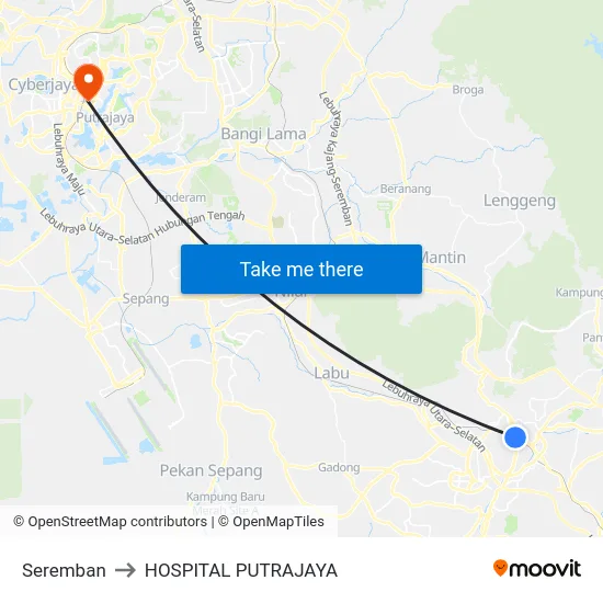 Seremban to HOSPITAL PUTRAJAYA map