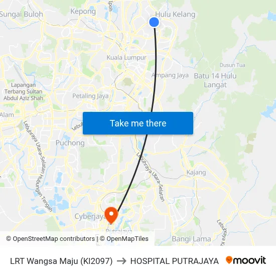 LRT Wangsa Maju (Kl2097) to HOSPITAL PUTRAJAYA map