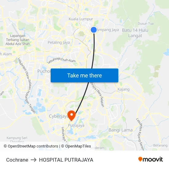 Cochrane to HOSPITAL PUTRAJAYA map