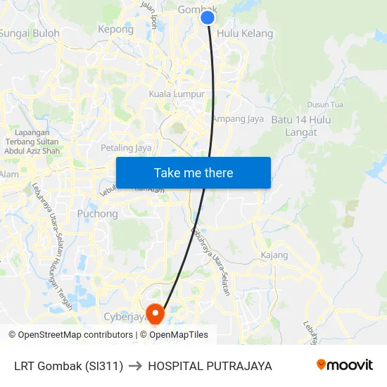 LRT Gombak (Sl311) to HOSPITAL PUTRAJAYA map
