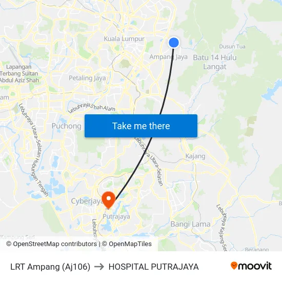 LRT Ampang (Aj106) to HOSPITAL PUTRAJAYA map