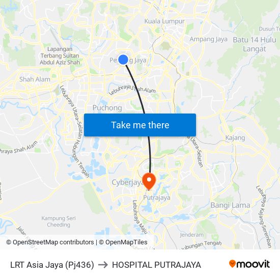 LRT Asia Jaya (Pj436) to HOSPITAL PUTRAJAYA map