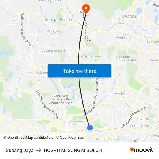 Subang Jaya to HOSPITAL SUNGAI BULUH map