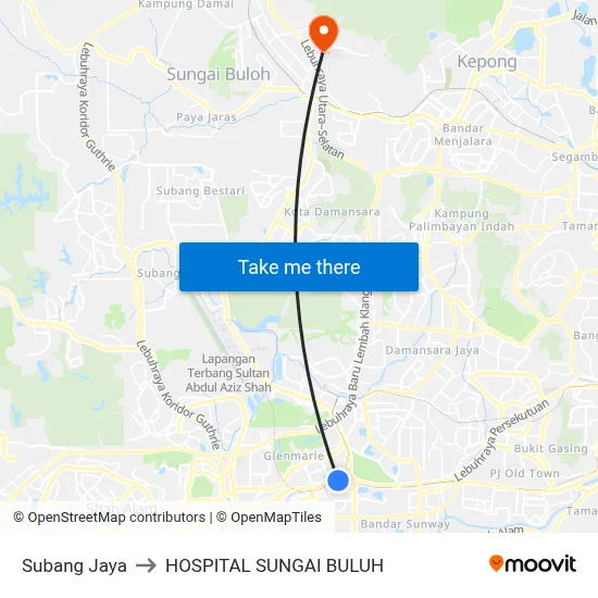 Subang Jaya to HOSPITAL SUNGAI BULUH map