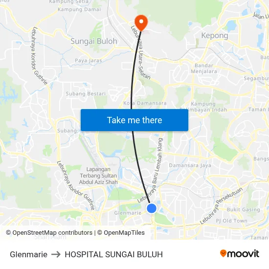 Glenmarie to HOSPITAL SUNGAI BULUH map