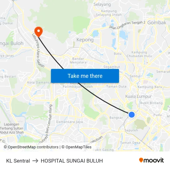 KL Sentral to HOSPITAL SUNGAI BULUH map