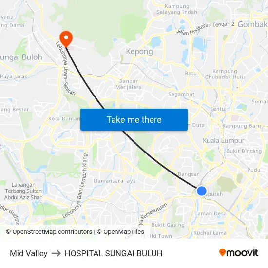 Mid Valley to HOSPITAL SUNGAI BULUH map