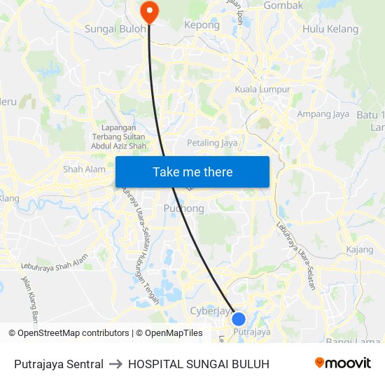 Putrajaya Sentral to HOSPITAL SUNGAI BULUH map