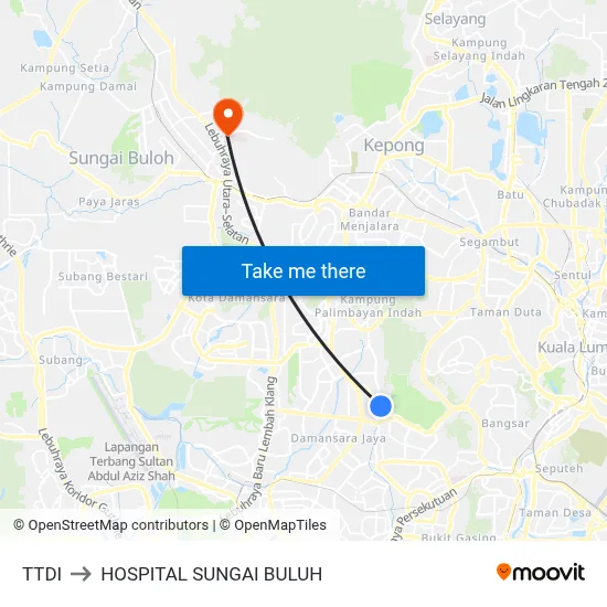 TTDI to HOSPITAL SUNGAI BULUH map