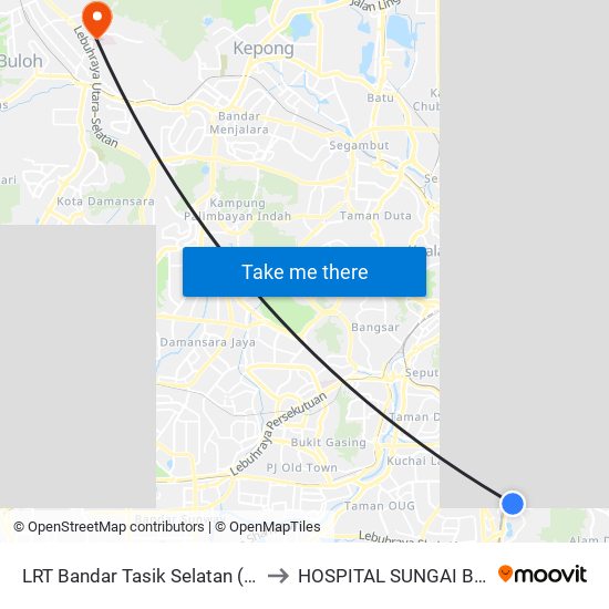 LRT Bandar Tasik Selatan (Kl152) to HOSPITAL SUNGAI BULUH map