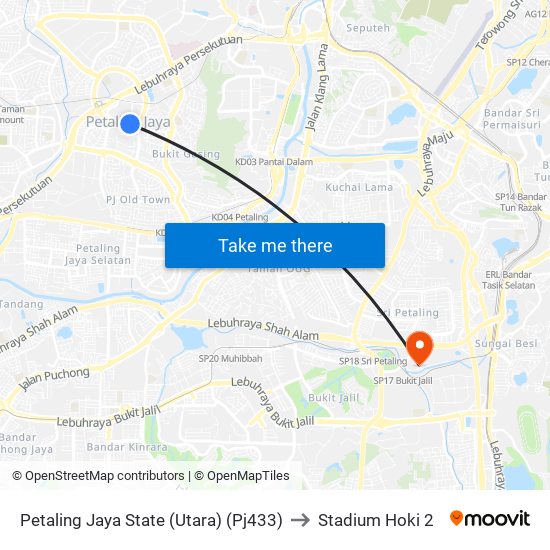 Petaling Jaya State (Utara) (Pj433) to Stadium Hoki 2 map