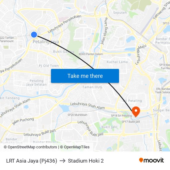 LRT Asia Jaya (Pj436) to Stadium Hoki 2 map