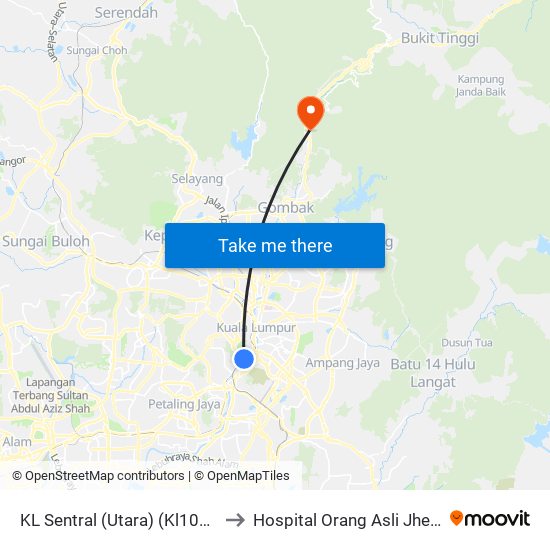 KL Sentral (Utara) (Kl1077) to Hospital Orang Asli Jheoa map