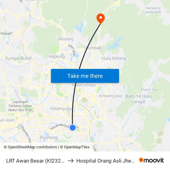 LRT Awan Besar (Kl2324) to Hospital Orang Asli Jheoa map