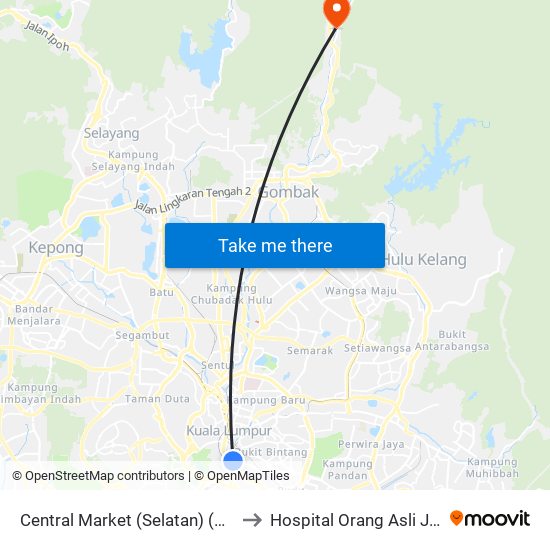 Central Market (Selatan) (Kl109) to Hospital Orang Asli Jheoa map