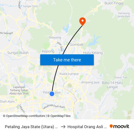 Petaling Jaya State (Utara) (Pj433) to Hospital Orang Asli Jheoa map