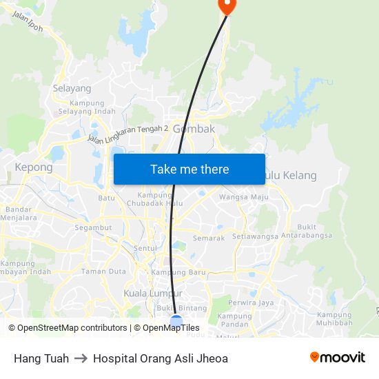 Hang Tuah to Hospital Orang Asli Jheoa map