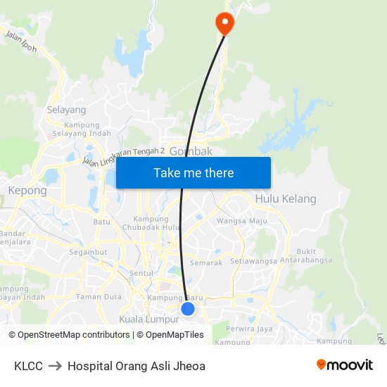 KLCC to Hospital Orang Asli Jheoa map