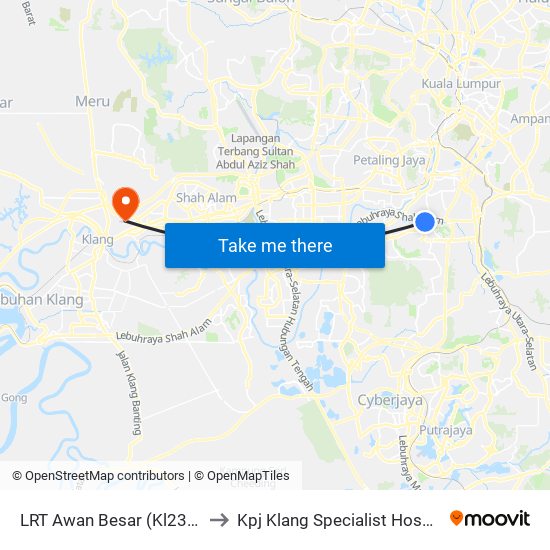 LRT Awan Besar (Kl2324) to Kpj Klang Specialist Hospital map