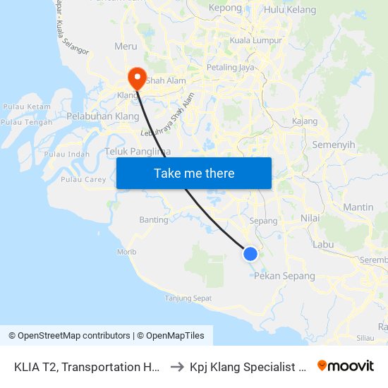 KLIA T2, Transportation Hub Level 1 to Kpj Klang Specialist Hospital map