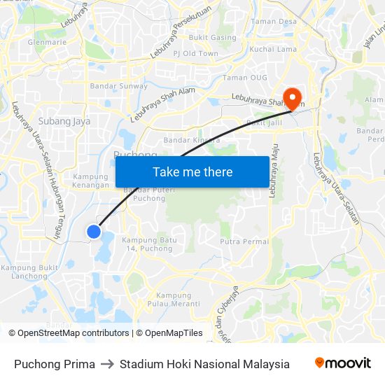 Puchong Prima to Stadium Hoki Nasional Malaysia map