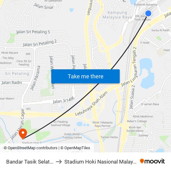 Bandar Tasik Selatan to Stadium Hoki Nasional Malaysia map