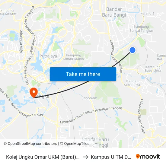 Kolej Ungku Omar UKM (Barat) (Kj228) to Kampus UITM Dengkil map