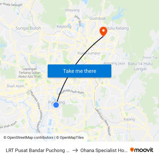 LRT Pusat Bandar Puchong (Sj735) to Ohana Specialist Hospital map