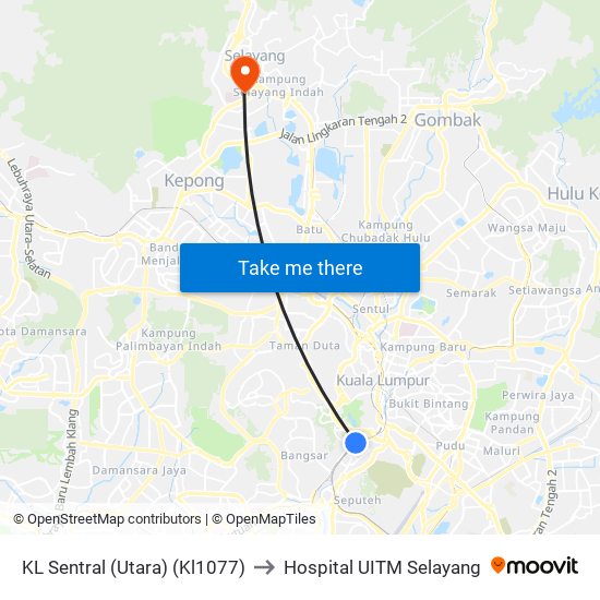 KL Sentral (Utara) (Kl1077) to Hospital UITM Selayang map
