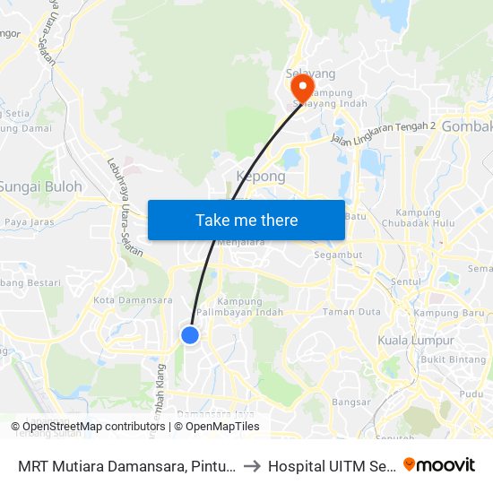 MRT Mutiara Damansara, Pintu C (Pj814) to Hospital UITM Selayang map