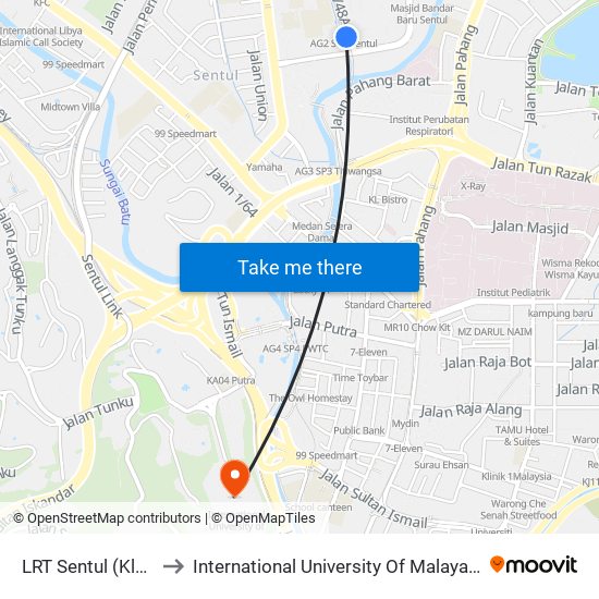 LRT Sentul (Kl663) to International University Of Malaya-Wales map