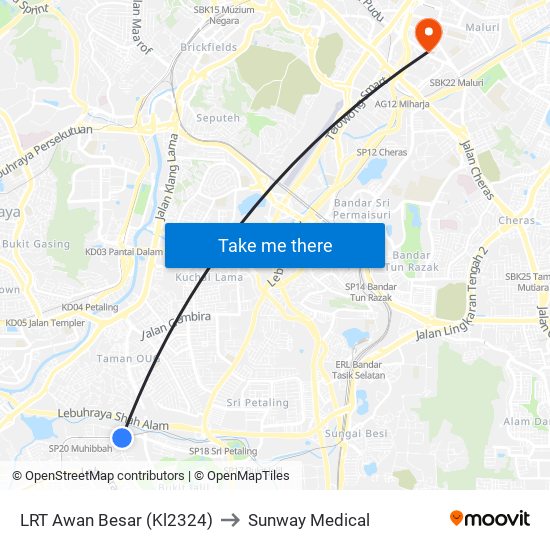 LRT Awan Besar (Kl2324) to Sunway Medical map