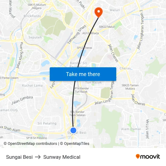 Sungai Besi to Sunway Medical map
