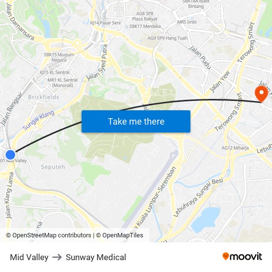 Mid Valley to Sunway Medical map