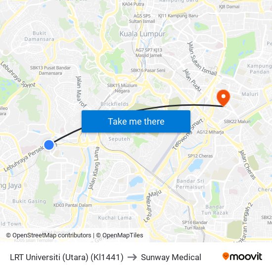 LRT Universiti (Utara) (Kl1441) to Sunway Medical map