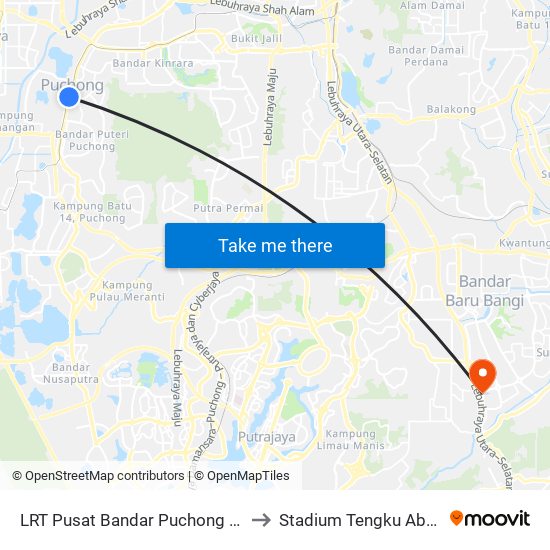 LRT Pusat Bandar Puchong (Sj735) to Stadium Tengku Abdullah map