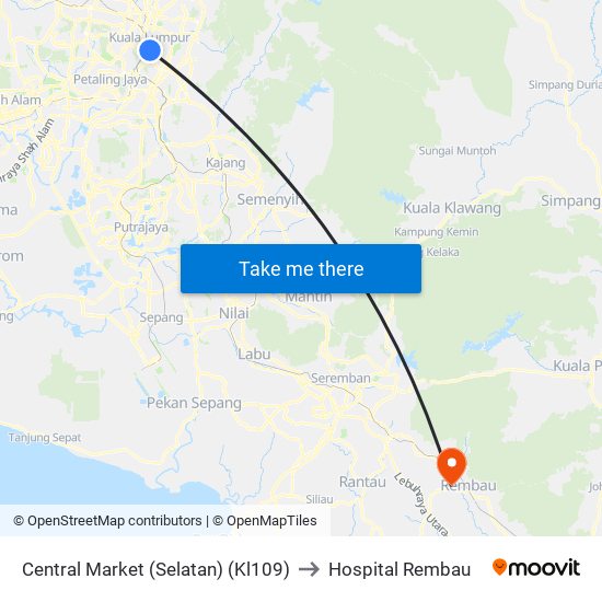 Central Market (Selatan) (Kl109) to Hospital Rembau map