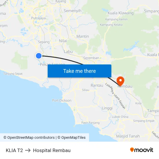 KLIA T2 to Hospital Rembau map