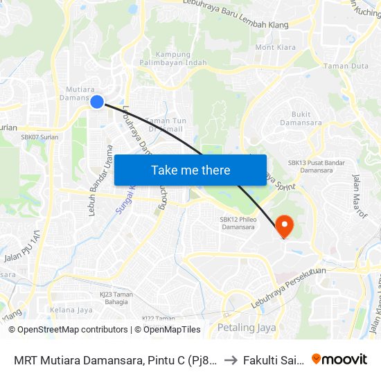 MRT Mutiara Damansara, Pintu C (Pj814) to Fakulti Sains map