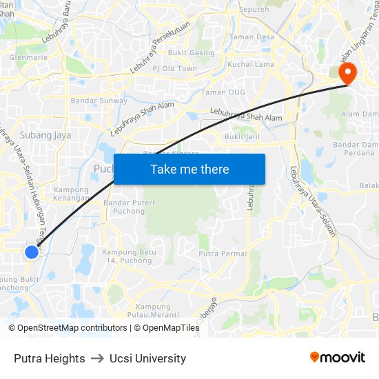 Putra Heights to Ucsi University map