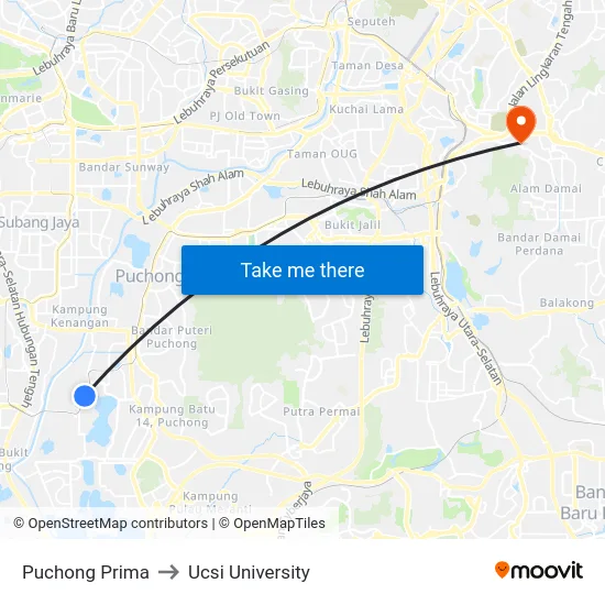 Puchong Prima to Ucsi University map