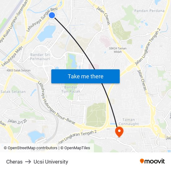 Cheras to Ucsi University map