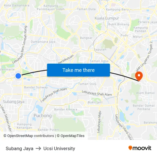 Subang Jaya to Ucsi University map